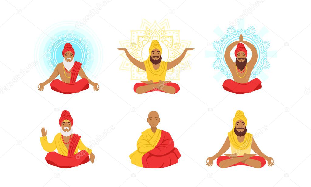 Yogi Men Characters Set, Meditating People in Yoga Lotus Poses Vector Illustration