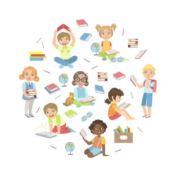 Gyerekek könyveket olvasnak, irodalmat tanulnak és élveznek a kerek alakvektor illusztrációban — Stock Vector