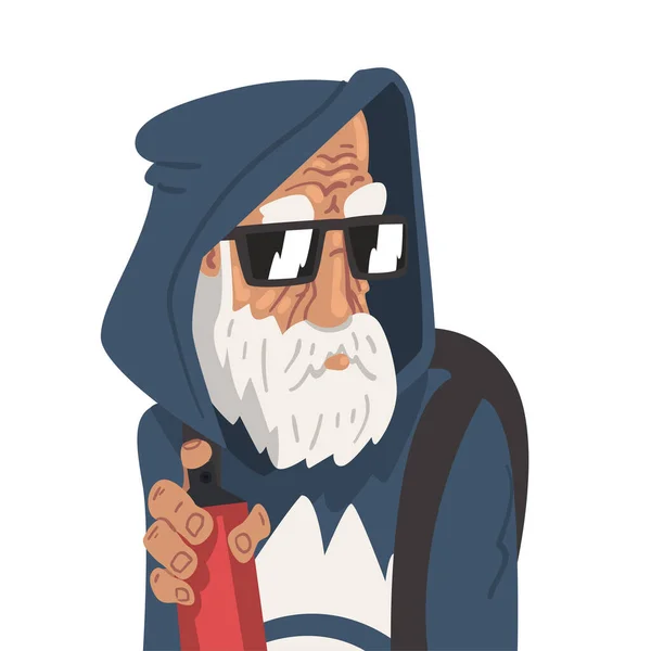 Hombre mayor de pelo gris de moda, personaje de anciano con capucha y gafas de sol Vector Illustration — Archivo Imágenes Vectoriales