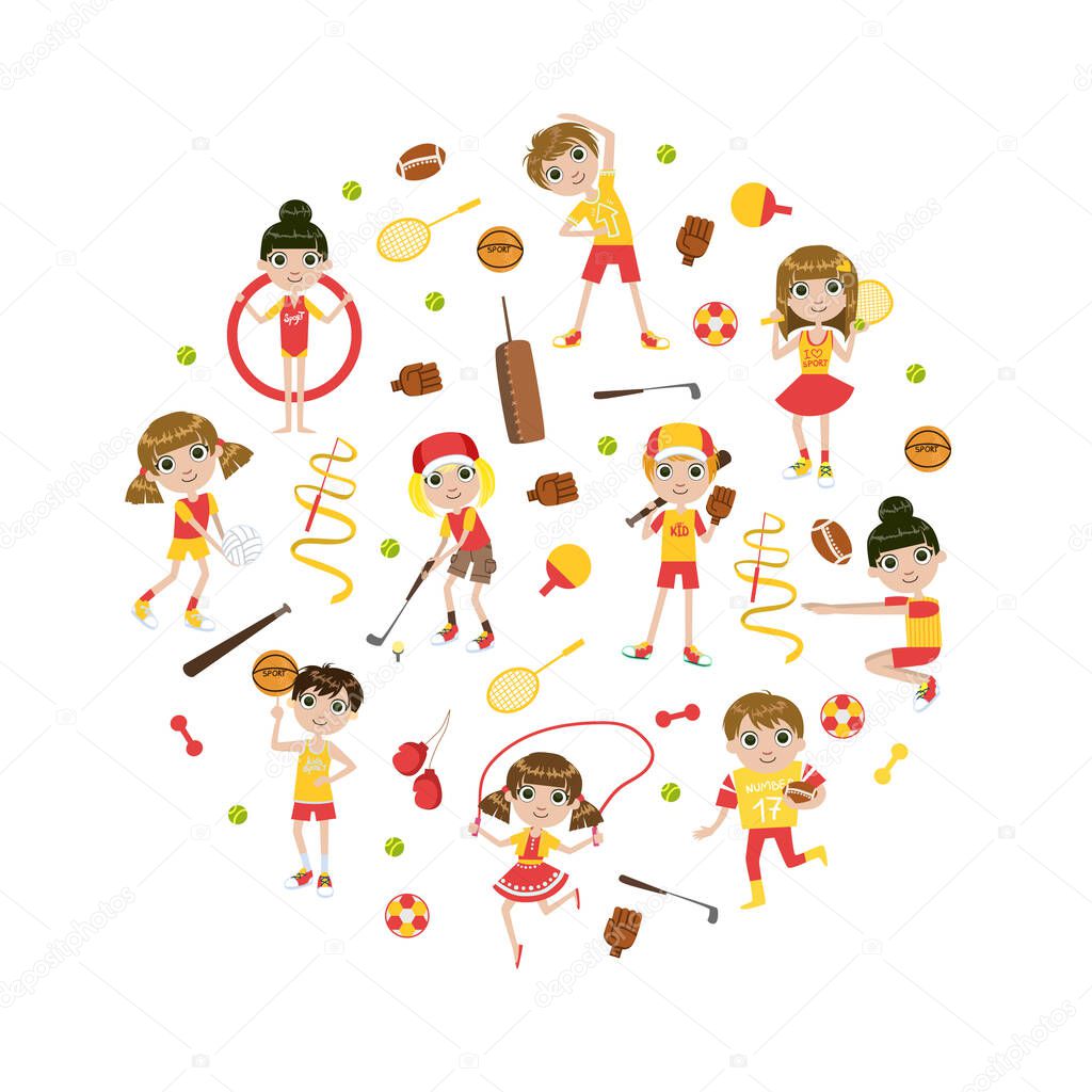 Cute Kids Kids Playing Various Sports in the Round Shape Vector Illustration