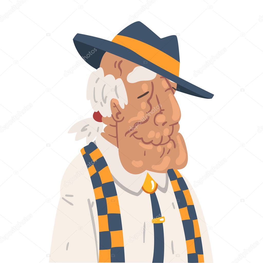 Fashion Gray Haired Senior Man, Smiling Old Man Character Wearing Retro Clothes and Fedora Hat Vector Illustration