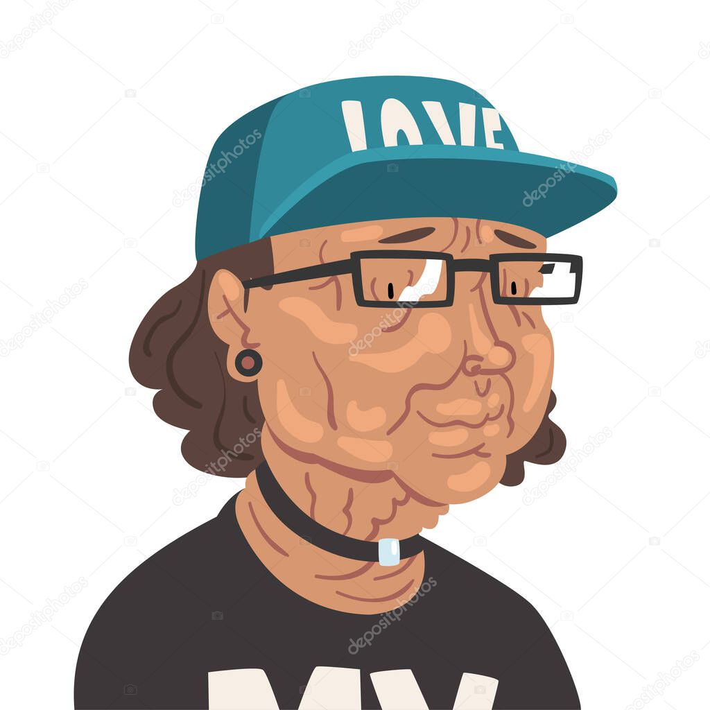 Fashion Senior Woman Wearing Baseball Cap and Black T-shirt, Old Lady Character Wearing Trendy Clothes Vector Illustration