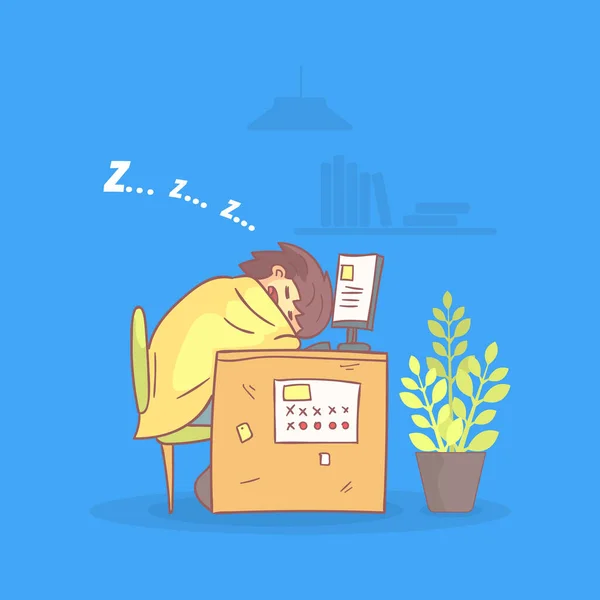 Trabajador de oficina durmiendo en su lugar de trabajo durante las horas de trabajo, Procrastinating and Laziness Person Vector Illustration — Vector de stock