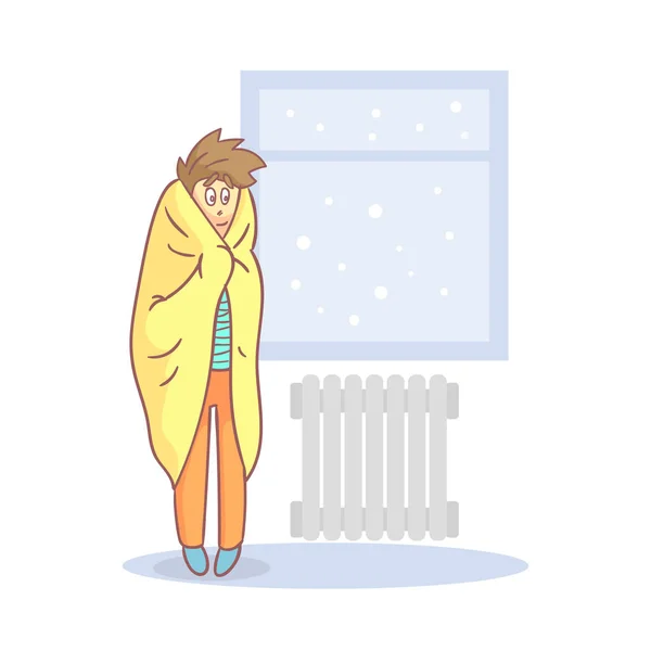 Lazy Apathetic Young Man Wrapped in a Blanket Standing Next to Heating Radiator Vector Illustration — Stock Vector