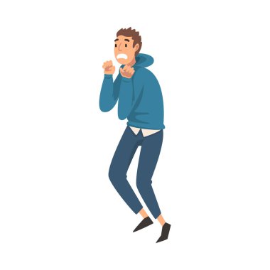 Korku İfadesiyle Korkmuş ve Titreyen Adam, Duygusal Ürkek İnsan Karakteri Vektör İllüstrasyonundan Korkan Adam