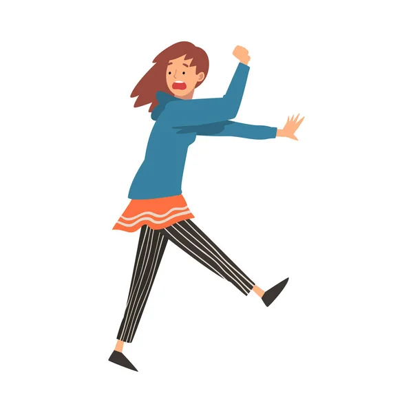 Scared Young Woman Running with Fear Expression, Emotional Frightened Girl Character Vector Illustration — ストックベクタ