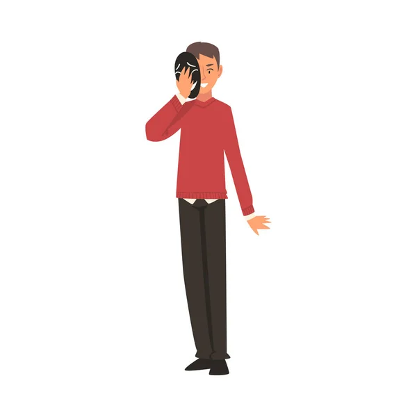 Young Man Covering His Face with Mask, Man Hiding His Natural Personality or Individuality to Conform to Social Requirements Vector Illustration — ストックベクタ