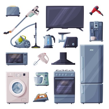 Ev aletleri seti, tost makinesi, elektrikli süpürge, televizyon, saç kurutma makinesi, kahve makinesi, mikrodalga fırın, fırın, fırın başlığı, et öğütücü, yiyecek karıştırıcı düz vektör ilüstrasyonu