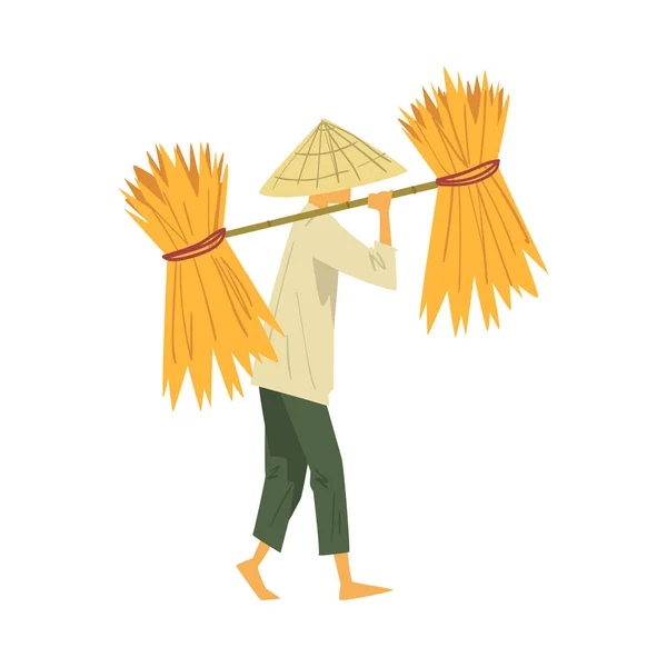 Asiatisk bonde i Halm Konisk Hatt Bär Lång Pole med Skördar Ris Skörd på sina Axlar Cartoon Style Vector Illustration — Stock vektor