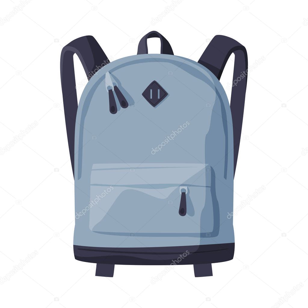 Gray Backpack for Schoolchildren or Students, Front View of Travel Bag for Backpacking Flat Style Vector Illustration