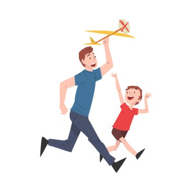 Baba ve Oğlu Uçak Fırlatma Modeli, Aile Üyeleri, Beyaz Arkaplanda İzole edilmiş Açık Hava Çizgi Filmlerinde Birlikte Neşeli Zaman Geçiriyorlar.