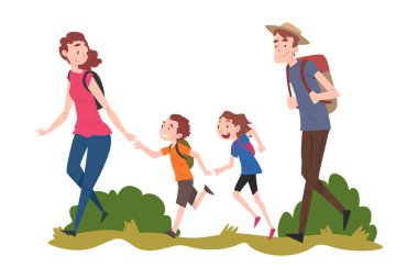 Anne, Baba Oğulları ve Kızları Doğa, Yaz Tatili Maceraları, Aile üyeleri Birlikte Neşeli Zamanlar Geçiriyorlar Açık Hava Çizgi Film Çizgi Filmleri Vektör İllüzyonu