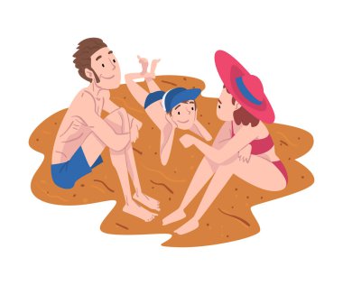 Anne, Baba ve Oğulları Sahilde Oturuyor, Aile Üyeleri Birlikte Neşeli Zaman Geçiriyorlar Açık Hava Çizgi Film Tarzı Vektör İllüstrasyonu