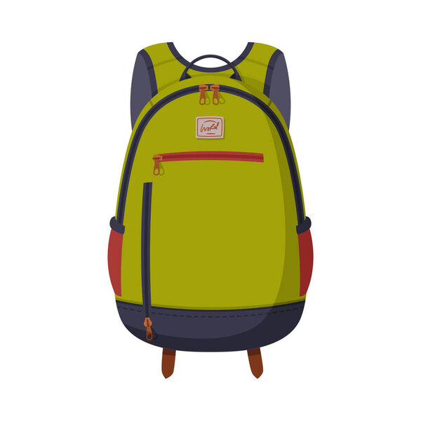 Green Backpack for Schoolchildren or Students, Front View of Travel Bag for Backpacking Flat Style Vector Illustration