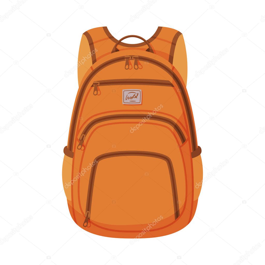Orange Backpack, Front View of Schoolbag or Camping Rucksack Flat Style Vector Illustration on White Background