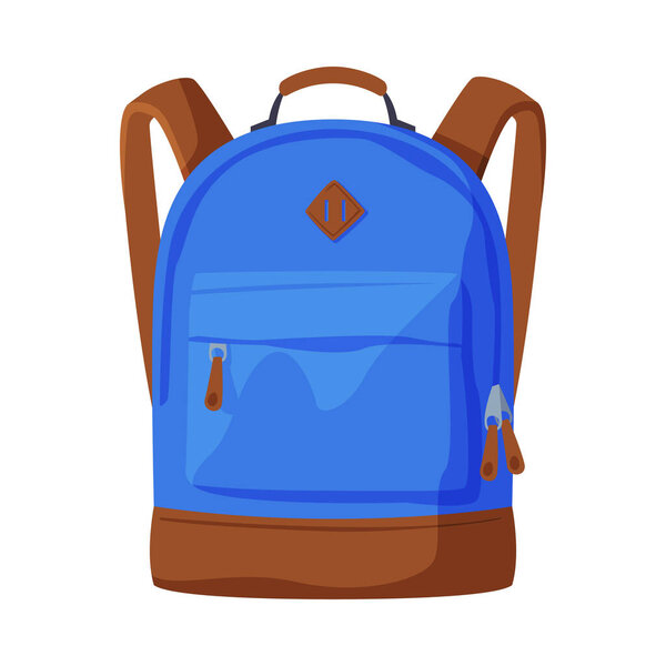 Front View of Blue Backpack with Front Zippered Pocket Flat Style Vector Illustration on White Background