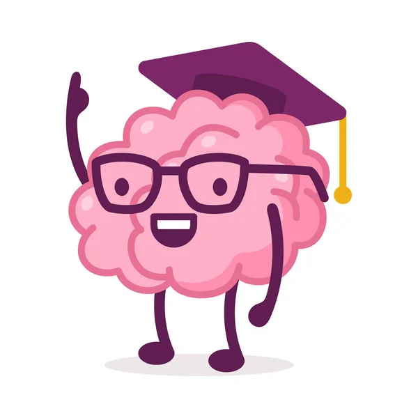 Smart Pink Brain Wearing Mortarboard Graduation Cap with Tassel, Funny Human Nervous System Organ Cartoon Character Vector Illustration on White Background — Stock Vector