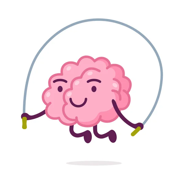 Cute Pink Brain Jumping Rope, Funny Human Nervous System Organ Cartoon Character Vector Illustration on White Background - Stok Vektor