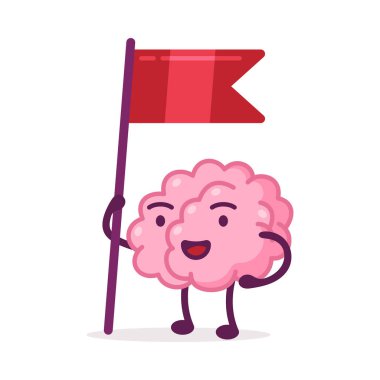 Pembe Beyin Kızıl Bayrak, Komik İnsan Sinir Sistemi Org Karakteri Beyaz Arkaplanda Vektör İllüzyonu