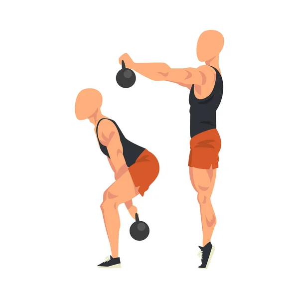 Mann macht Kniebeugen mit Kettlebell in zwei Schritten, Seitenansicht des männlichen Athleten, der Sport für einen fitten Körper macht, Po-Workout-Vektor-Illustration auf weißem Hintergrund — Stockvektor