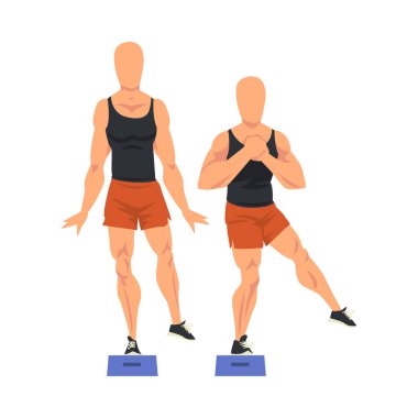 İki Basamaklı Adımlarla Kalça Egzersizi Yapan Adam, Vücut İçin Spor Yapan Erkek Atletizm, Beyaz Arkaplan Üzerinde Kalça Çalışması Vektör İlülasyonu