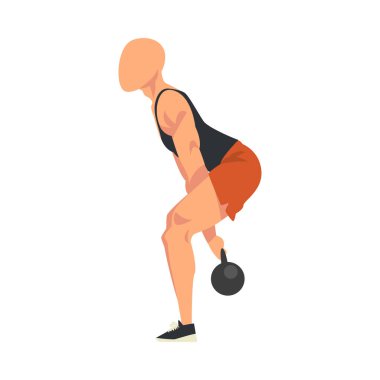 Kettlebell ile Çömelme Yapan Adam, Vücut İçin Spor Yapan Erkek Sporcu, Beyaz Arkaplan Üzerine Kalça Çalışması Vektör Resimleri