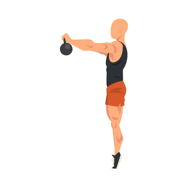Kettlebell de elevación del hombre, Atleta masculino que hace deportes para el cuerpo en forma, ilustración vectorial del entrenamiento de la nalga en fondo blanco — Vector de stock