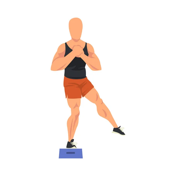 Hombre haciendo ejercicio de glúteo usando plataforma de pasos, atleta masculino haciendo deportes para el cuerpo en forma, ilustración de vectores de entrenamiento de glúteos sobre fondo blanco — Vector de stock