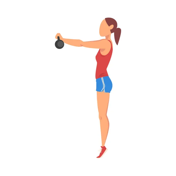 Frau macht Übung beim Heben der Kettlebell, Mädchen beim Sport straffen ihren Körper, Po-Workout Vektor Illustration auf weißem Hintergrund — Stockvektor