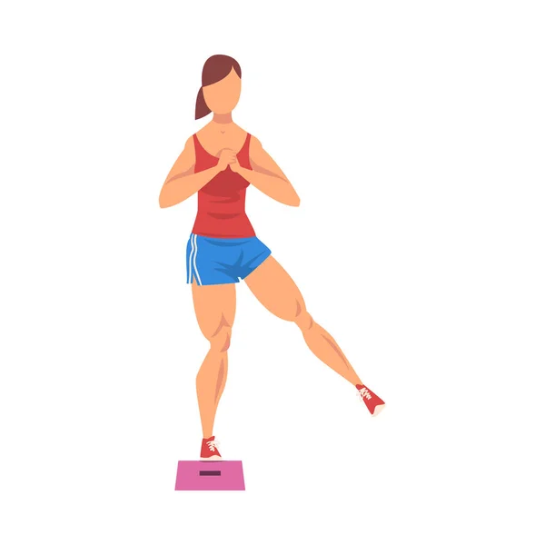 Kvinna Göra Glute Motion Använda Steg Plattform, Flicka Göra Sport Firming hennes kropp, skinka träning vektor Illustration på vit bakgrund — Stock vektor