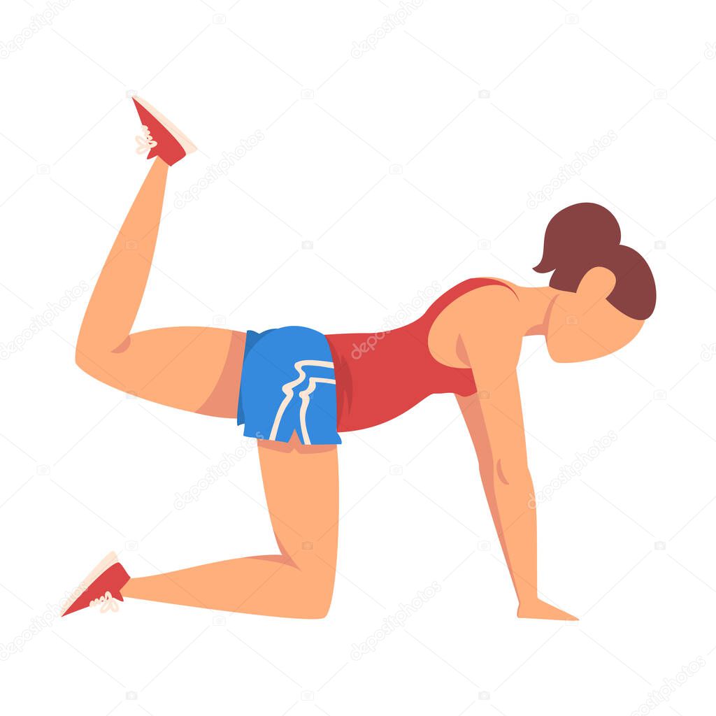 Woman Doing Donkey Kicks Exercise, Girl Doing Sports Firming her Body, Buttock Workout Vector Illustration on White Background