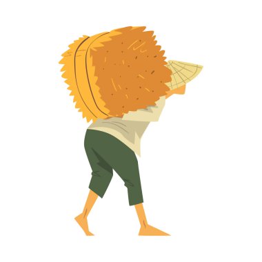 Hasır Şapkalı Asyalı Çiftçi Sırtında Hay Taşıyor, Beyaz Arkaplanda Çizgi Film Stili Vektör İllüzyonu