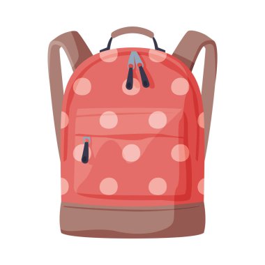 Okul çocukları ya da Öğrenciler için Düz Stil Vektör İllüstrasyonlu Önden Fermuarlı Cepli Kırmızı Noktalı Sırt Çantası Ön Görünümü