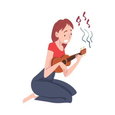 Gülümseyen Genç Kadın Ukulele Çalıyor Beyaz Arkaplanda Çizgi Film Biçimli Vektör İllüzyonu Oturuyor