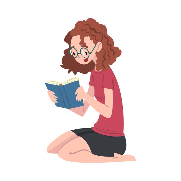 Girl in Glasses Reading Book Sitting on the Floor Cartoon Style Vector Illustration on White Background — Stock Vector