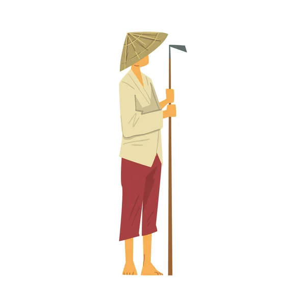 亚洲农民站在稻草圆锥帽与钩卡通风格的白色背景矢量图解 — 图库矢量图片