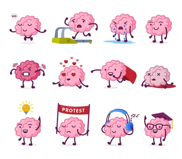 Pink Humanized Brain with Various Emotions Set, Funny Human Nervous System Organ Cartoon Character in Different Situations Vector Illustration on White Background - Stok Vektor