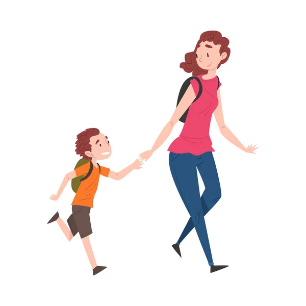 Mom and Her Son Walking Together Holding Hands Style Vector Illustration on White Background Stok Vektor Bebas Royalti