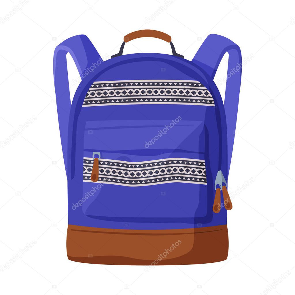 Front View of Blue Backpack with Front Zippered Pocket for Schoolchildren or Students Flat Style Vector Illustration on White Background