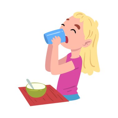 Masada Kahvaltı Yiyen Kız, Şirin Çocuk Günlük Günlük Günlük Aktivite Çizgi Film Biçimi Beyaz Arkaplanda Vektör İllüzyonu