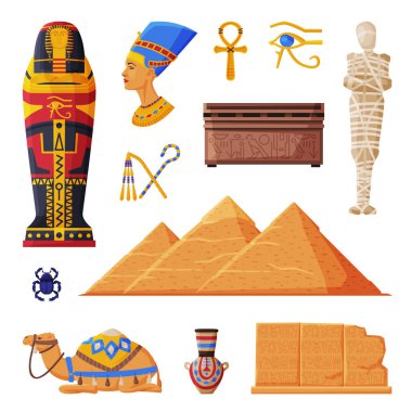 Antik Mısır Koleksiyonu, Mısır Kültürel ve Tarihi Sembolleri Beyaz Arkaplan Üzerine Düz Stil Vektör İllüstrasyonu