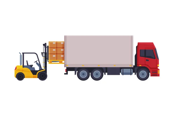 Empilhadeira Truck Carregando caixas de papelão na ilustração do vetor do caminhão de entrega no fundo branco — Vetor de Stock