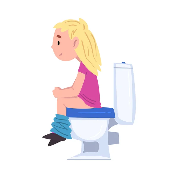 Chica usando taza de inodoro, lindo niño actividad rutinaria diaria estilo de dibujos animados Vector Ilustración sobre fondo blanco — Archivo Imágenes Vectoriales