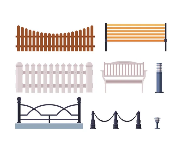Kolekce dekorativních plotů, Dřevěné, Plot ze surového železa, Prvek městské infrastruktury, Vektorové znázornění plochého stylu na bílém pozadí — Stockový vektor