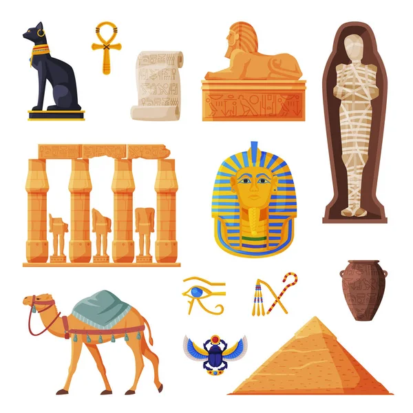 Conjunto de Egipto Antiguo, Símbolos culturales e históricos tradicionales egipcios Estilo plano Ilustración vectorial sobre fondo blanco — Vector de stock