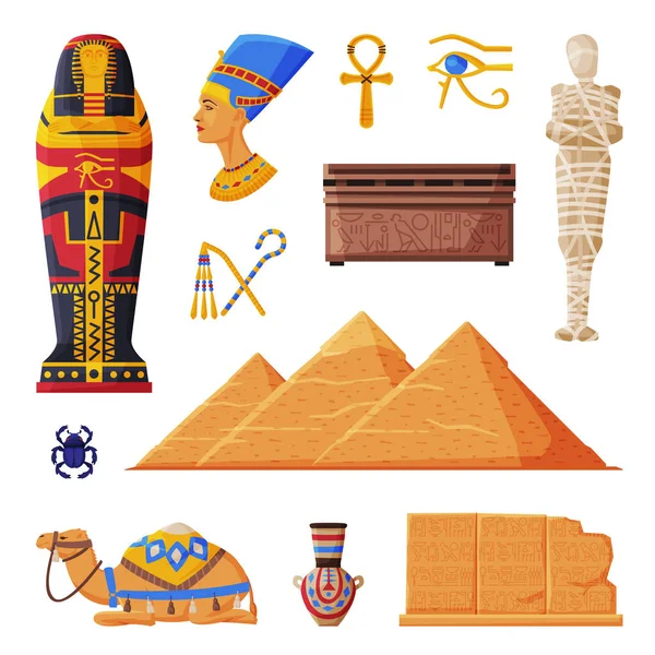 Ancient Egypt Collection, Egyptian Cultural and Historical Symbols Flat Style Vector Illustration on White Background — Stock Vector