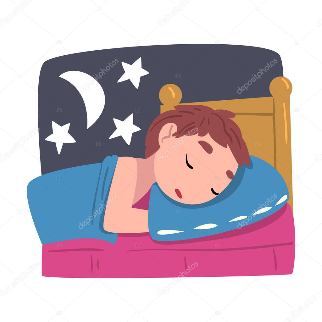 Boy Sleeping in His Bed at Night, Cute Child Daily Routine Activity Cartoon Style Vector Illustration on White Background