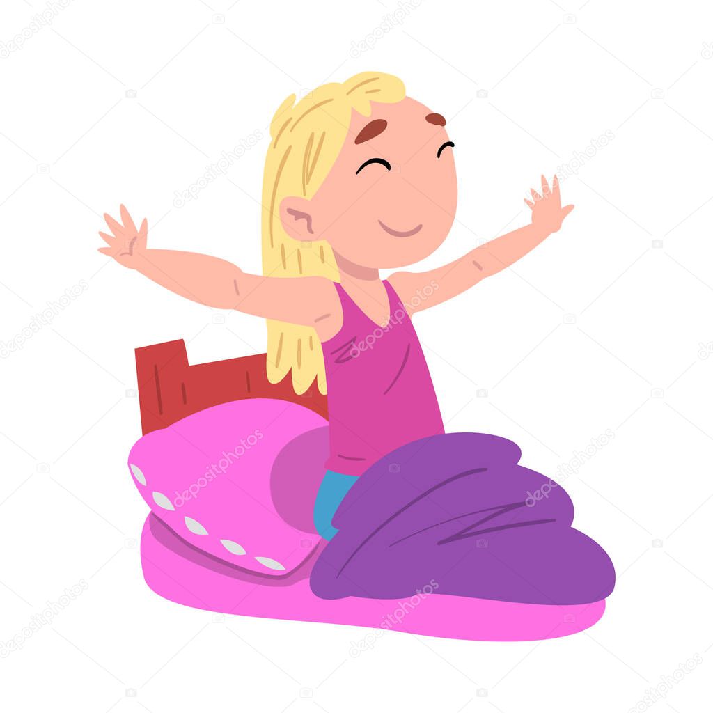 Girl Waking Up, Cute Child Daily Routine Activity Cartoon Style Vector Illustration on White Background