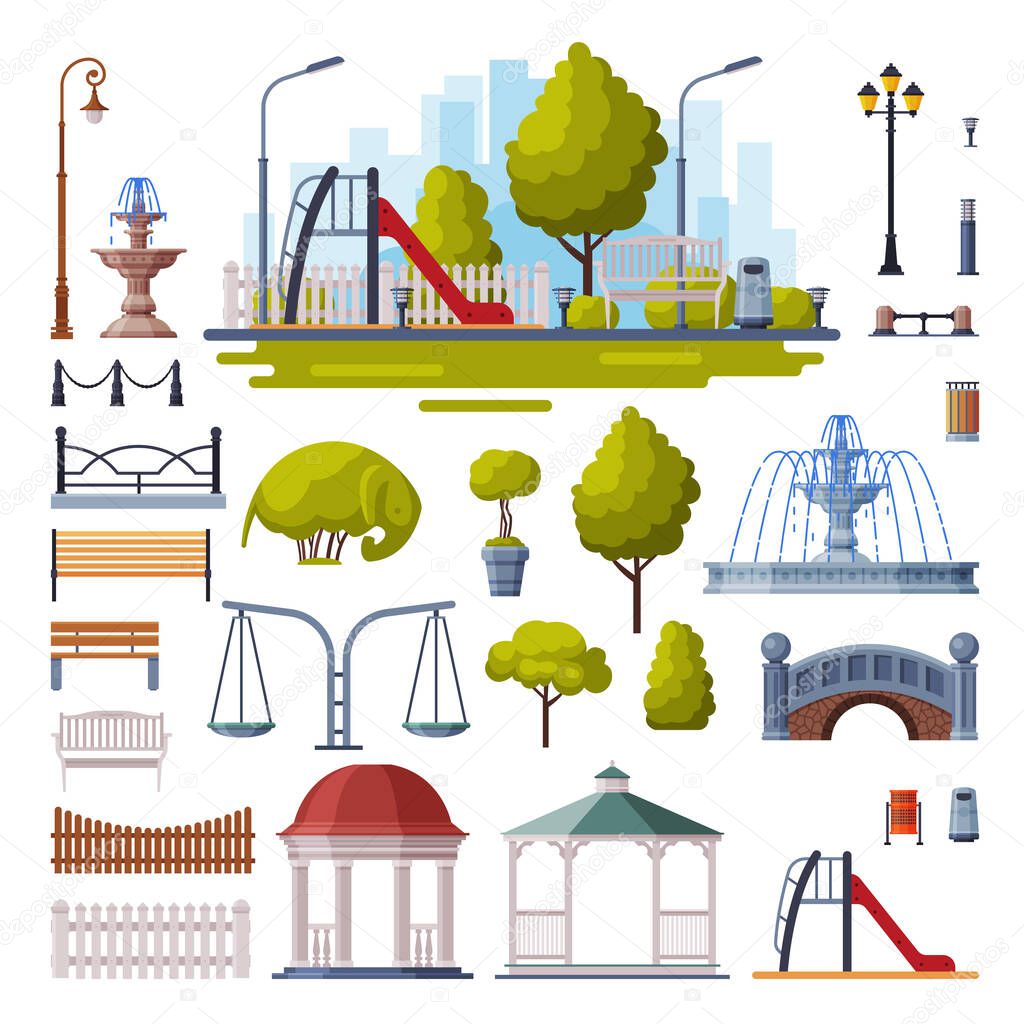 Urban Infrastructure Design Elements Collection, City Park Objects Flat Style Vector Illustration on White Background