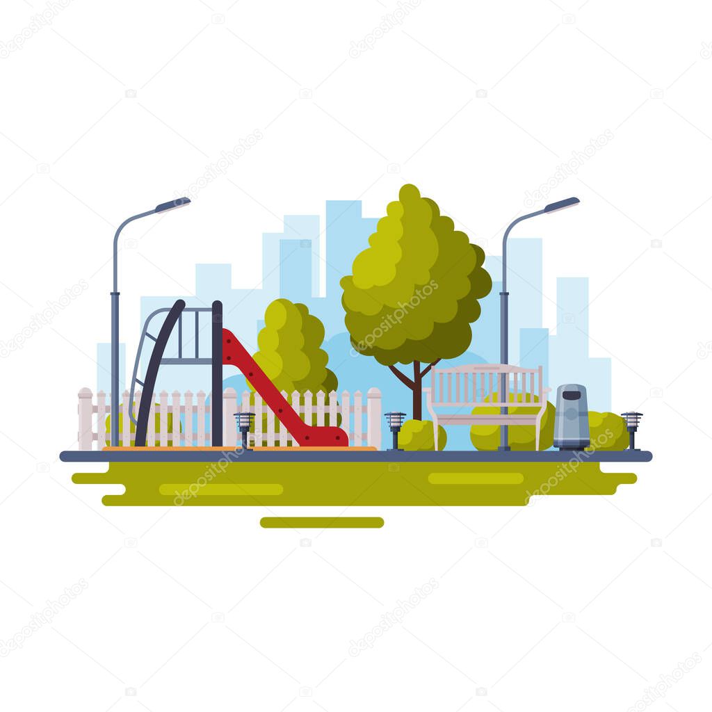 City Public Park with Playground for Kids Flat Style Vector Illustration on White Background